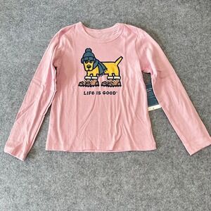 Life is Good Kids Pink Long Sleeve Graphic Tee Dog in Winter Gear Size S NWT